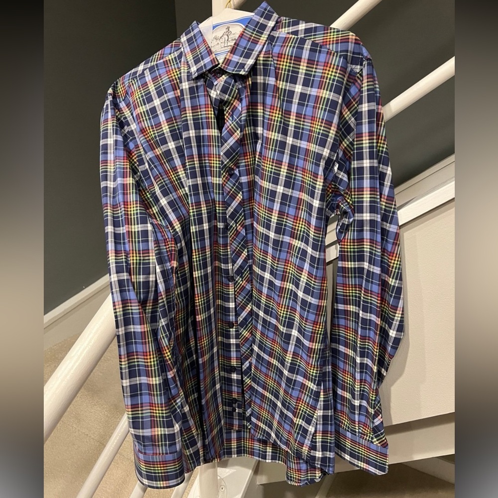 Jared Lang Men’s Large Plaid Button-Up Shirt – Vibrant Blue, Red, and Yellow